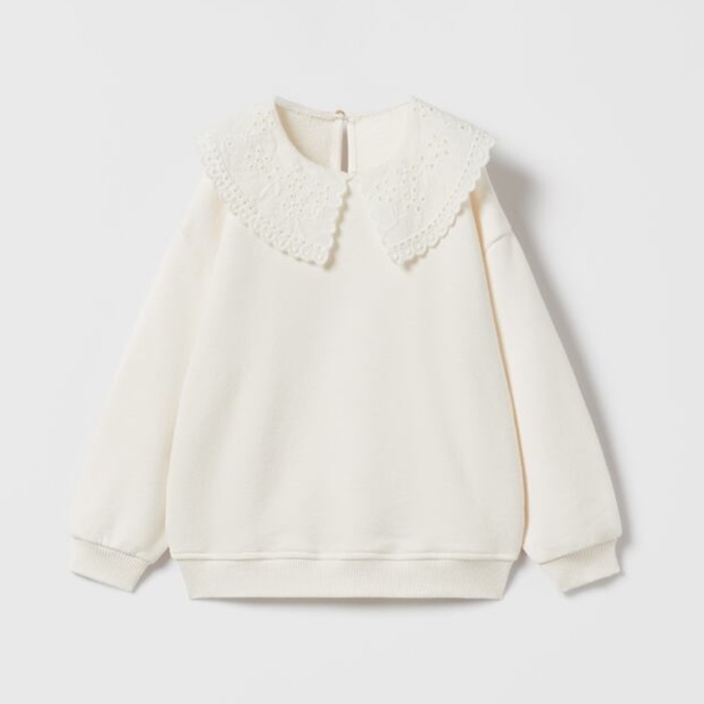 Zara Kids Cream Sweater with Lace Embroidered Collar